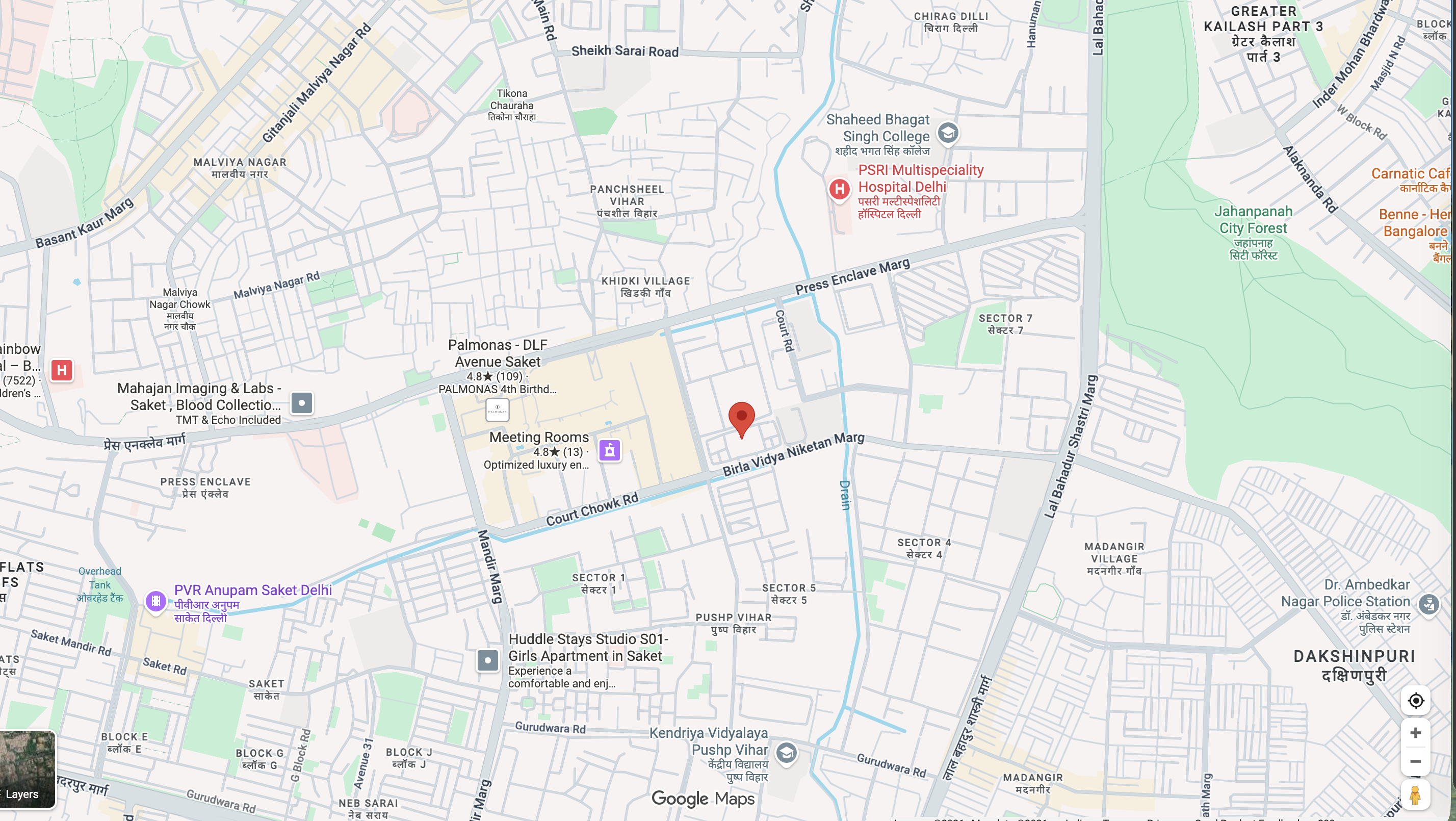 Map showing Saket Courts Complex area